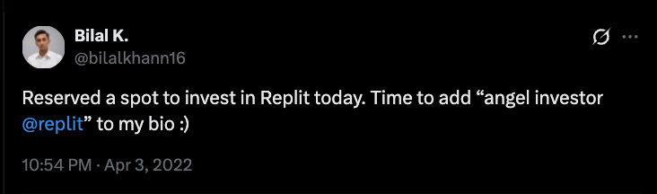 tweet about reserving a spot to invest in replit